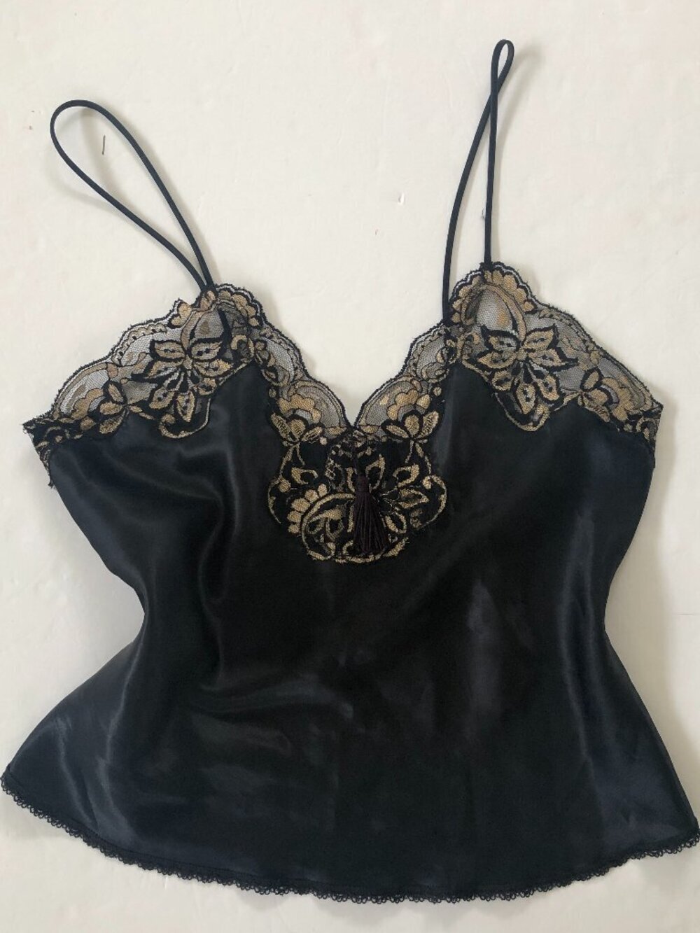 Black Satin Camisole Top Medium Gold Floral Lace Tassel Y2K Fairy Whimsygoth